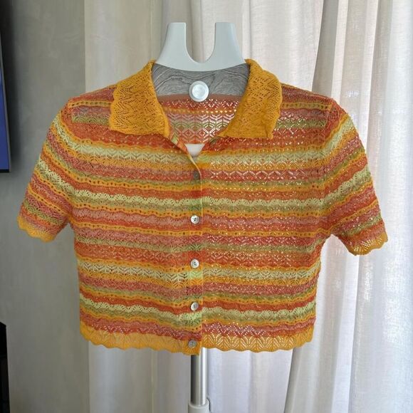 Zara Tops - Orange and Yellow Crochet Top with Button Up Front Short Sleeves NWT